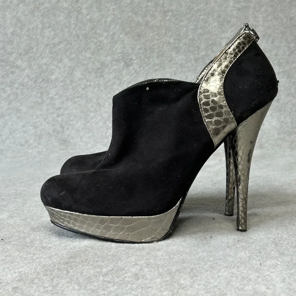 Vintage Guess Black Suede Ankle Boots Silver Metallic Trim Platform Heels 8M 90s